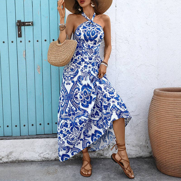Blue Floral Halter Neck Maxi Dress Boho Vacation Style: Blue / 80%Viscose+20%Polyamide / S