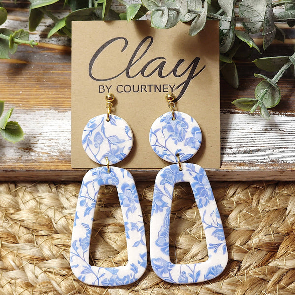 Blue Chinoiserie Polymer Clay Toile Dangle Earrings: 2