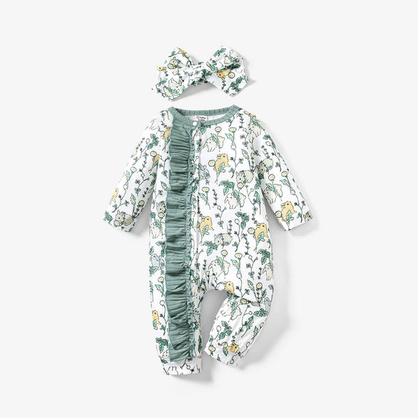 2pcs Baby Girl Green Rabbit  Ruffle Jumpsuit Set: 6-9 Months / White