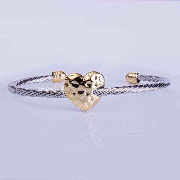 Hammered Gold Heart Cable Bangle