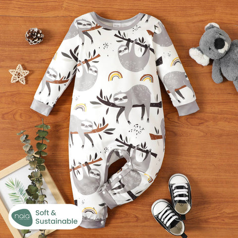 Baby Boy Allover Sloth Print Long-sleeve Jumpsuit: Light Grey