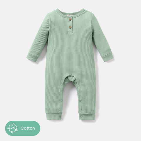 Baby Girl/Boy Cotton Button Ribbed Long-sleeve Jumpsuits: Green
