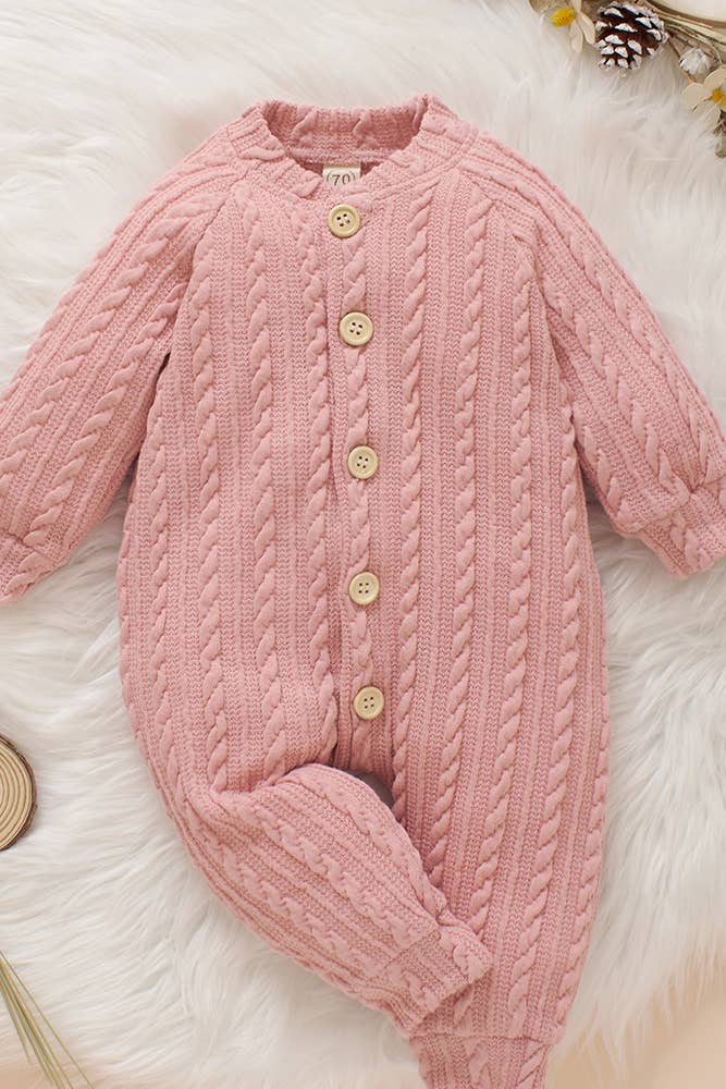 Cable Knit Buttoned Kids Romper In Rose Color