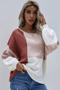 COLOR BLOCK ROUND NECK SWEATER TOP_CWTTL0405
