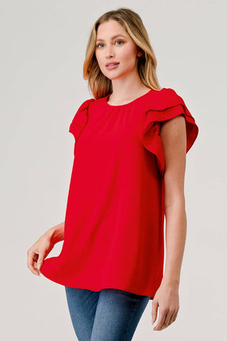 Chloe Double Ruffle Sleeve Top with Crew Neck in Red Airflow