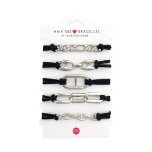 5pc Hair Tie - Black and Silver Bracelet Set