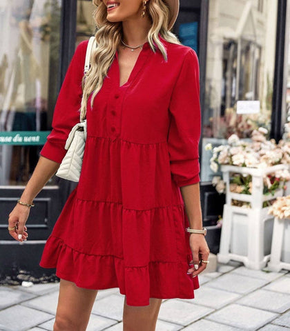 Red Collared V Neck Tiered Dress