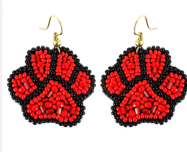 Red and Black Seed Bead Paw Print Earrings